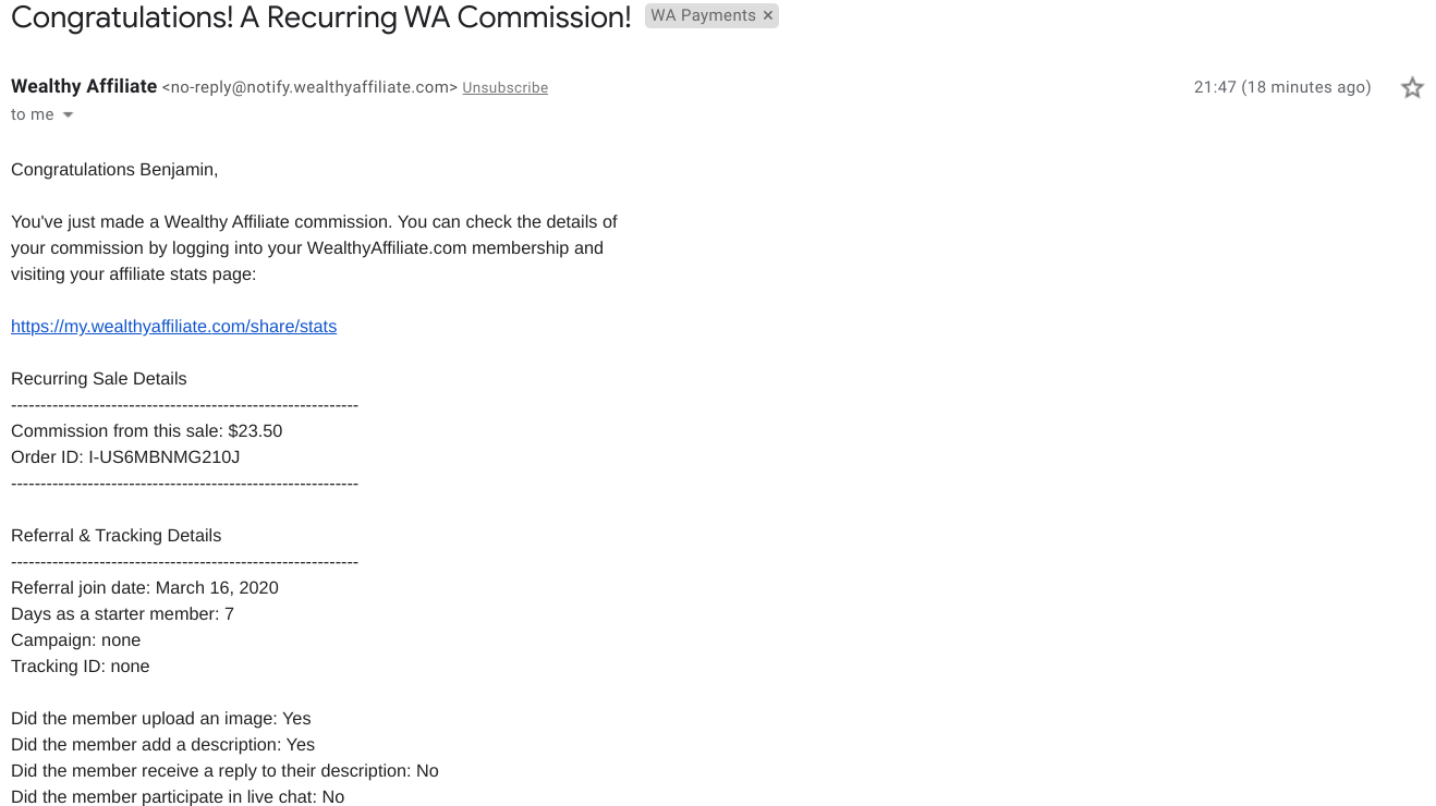 Payment Proof of Recurring Commission At Wealthy Affiliate