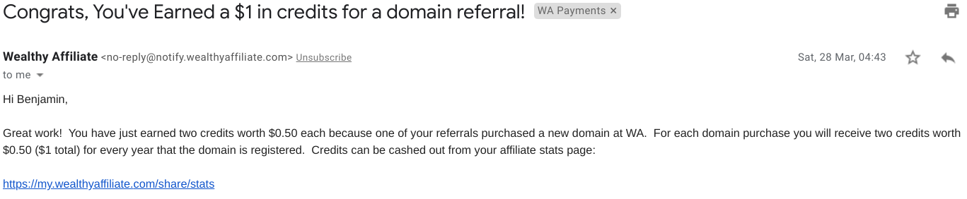 Domain Credits Earned at Wealthy Affiliate